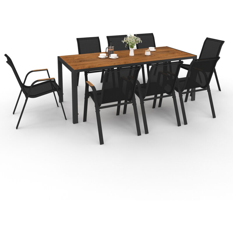 Salon de jardin noumea table 190 cm plateau verre trempé effet bois et 8 chaises empilables noir et bois