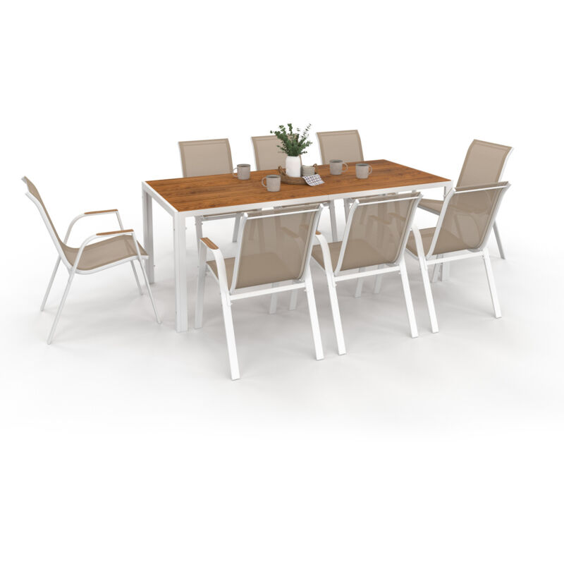 Salon de jardin noumea table 190 cm plateau verre trempé effet bois et 8 chaises empilables blanc et bois