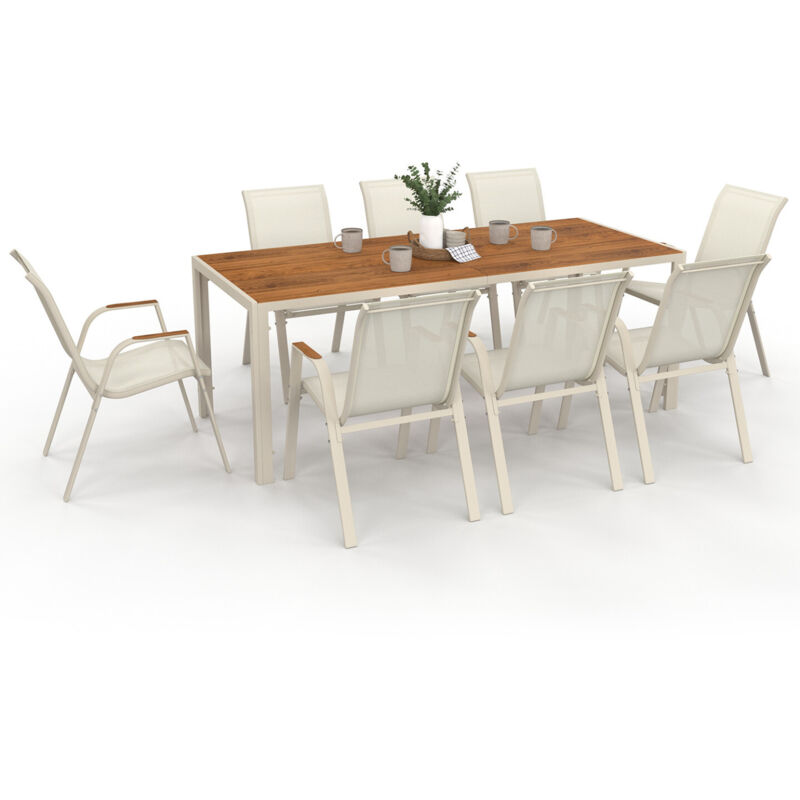 Salon de jardin NOUMEA table 190 cm plateau verre trempé effet bois et 8 chaises empilables beige et bois