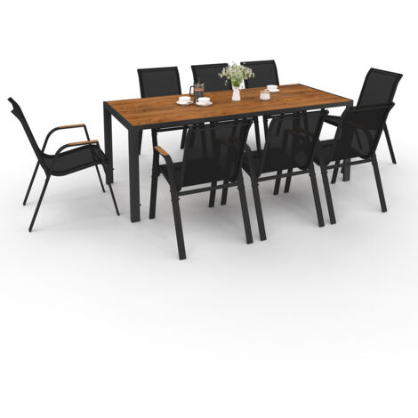 Salon de jardin NOUMEA table 190 cm plateau verre trempé effet bois et 8 chaises empilables noir et bois