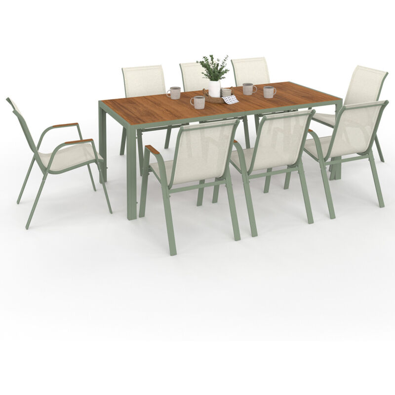 Salon de jardin NOUMEA table 190 cm plateau verre trempé effet bois et 8 chaises empilables vert et bois