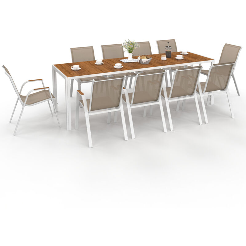 Salon de jardin NOUMEA table 240 cm plateau verre trempé effet bois et 10 chaises empilables blanc et bois