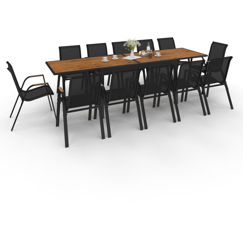 Salon de jardin noumea table extensible 135/270 cm plateau effet bois et 12 chaises empilables noir et bois