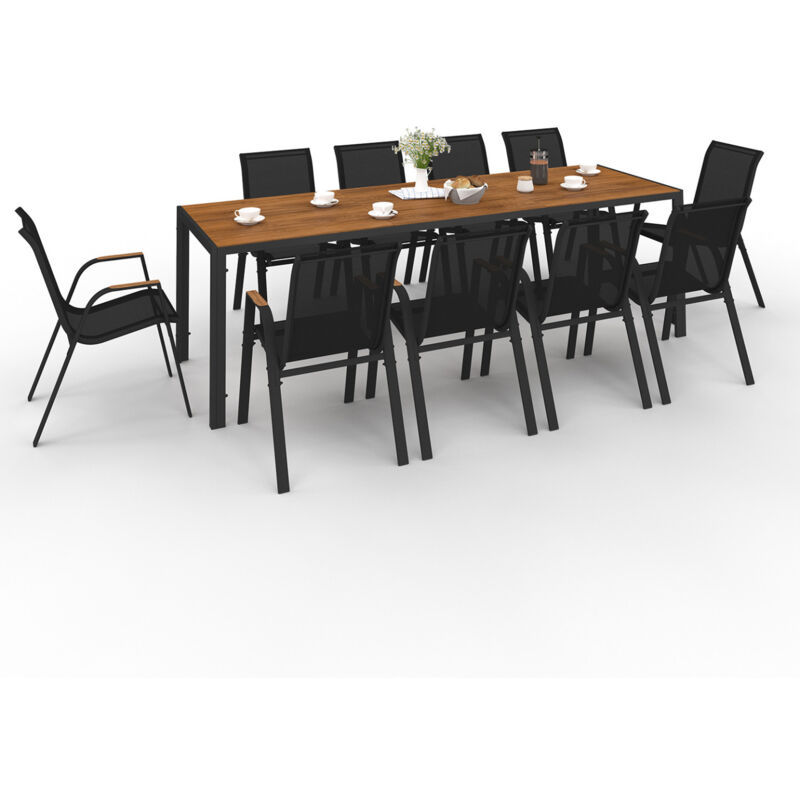 Salon de jardin noumea table 240 cm plateau verre trempé effet bois et 10 chaises empilables noir et bois