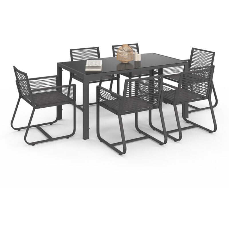 Salon de jardin odessa table 150 cm et 6 fauteuils cordage gris anthracite