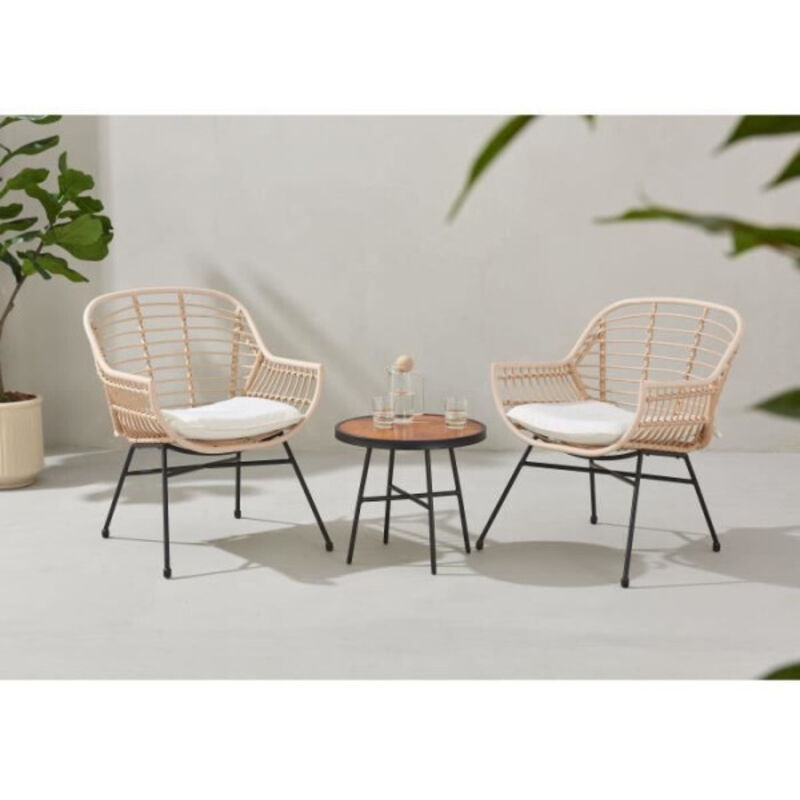 Salon de jardin OLA : table basse + 2 fauteuils - Résine tressée écrue