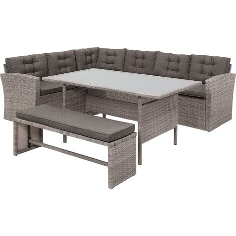 Salon de Jardin ou Terrasse 8 Places en Rotin Marron avec Coussins d'Assise Canapé d'Angle Spacieux Banc et Table Assortie Design Moderne Beliani - Gris