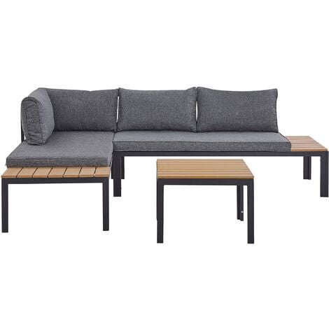 Salon de Jardin ou Terrasse Table Basse et 2 Canapés en Bois Composite Clair Aluminium Noir et Coussins Gris Design Ultra Elégant et Moderne Beliani - Noir