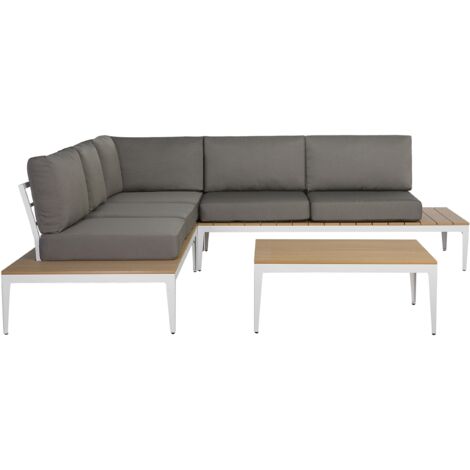 Salon de Jardin ou Terrasse Table Basse et Canapé d'Angle en Aluminium Robuste Effet Bois Clair avec Coussins Gris Beiges Design Ultra Moderne Beliani - Gris