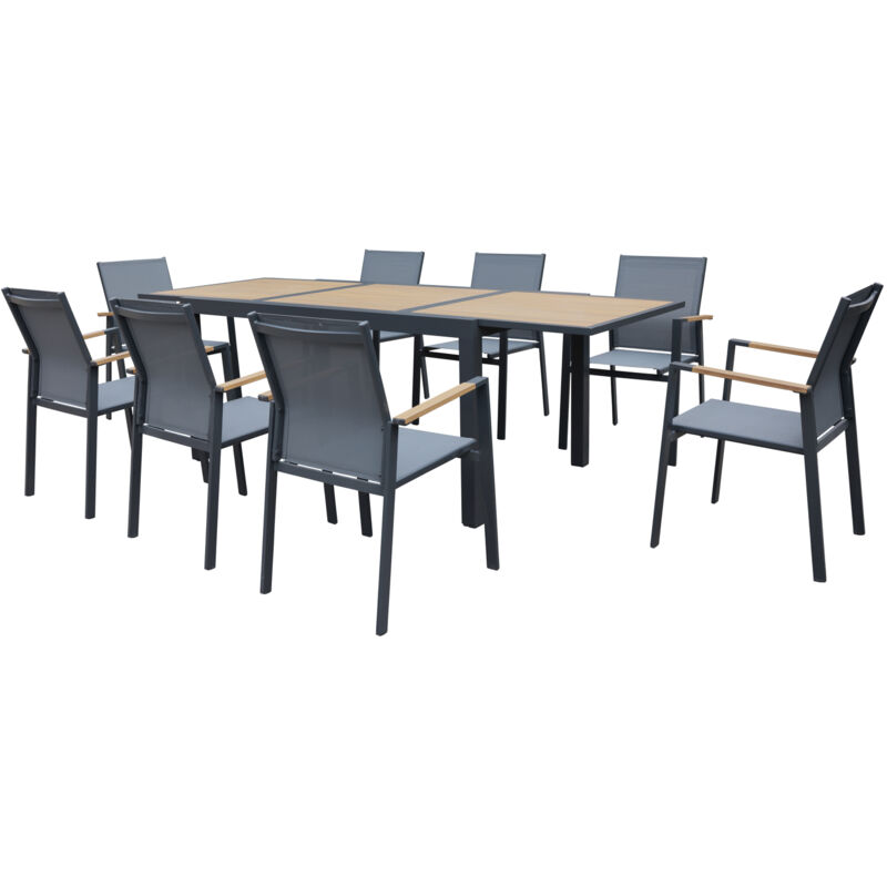 Salon de jardin palermo extensible en textilène gris 8 places - aluminium anthracite et effet bois - Happy Garden