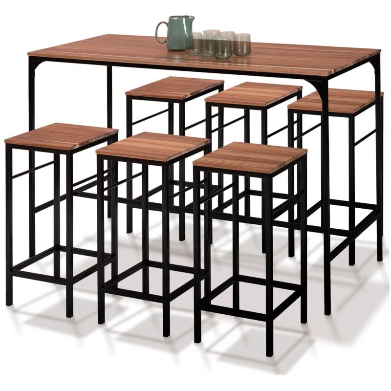 Idmarket - Salon de jardin panama ensemble de bar table haute et 6 tabourets design industriel acacia - Bois-foncé