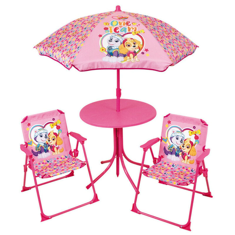 Salon de Jardin Pat'Patrouille fille incluant 1 Table Ronde, 2 Chaises, 1 Parasol pour enfant - Rose
