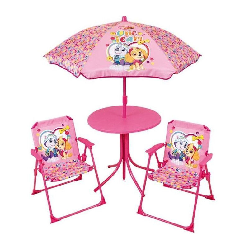 Fun house pat'patrouille Salon de jardin - 1 table 46xø46 cm, 2 chaises H.53xl.38,5xP.37,5cm et 1 parasol