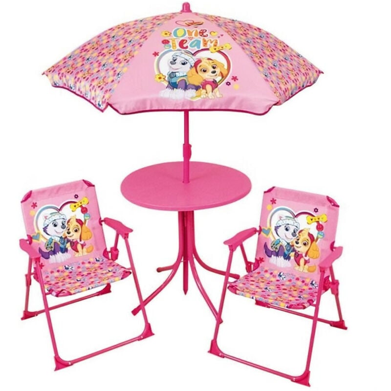 Funhouse - fun house pat'patrouille Salon de jardin - 1 table 46xø46 cm, 2 chaises H.53xl.38,5xP.37,5cm et 1 parasol
