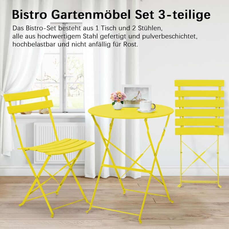 Salon de Jardin Pliable, Set de Bistrot en Métal, Table de Jardin avec 2 Chaises Pliantes, Ensemble de Meubles de Balcon 3 pièces, pour Jardins et