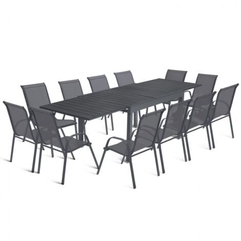 Salon de jardin POLY extensible table 135-270 CM et 12 chaises gris foncé