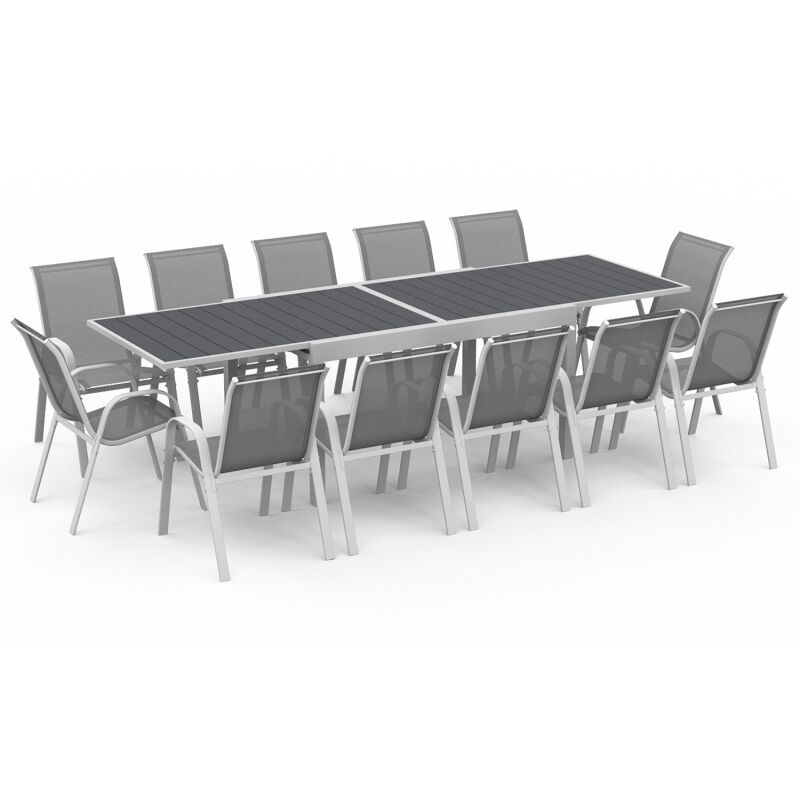 Idmarket - Salon de jardin poly extensible table 135/270 cm et 12 chaises blanc et gris