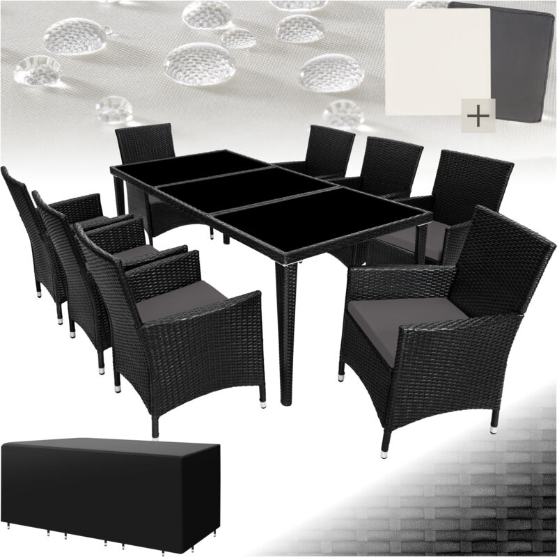 Salon de Jardin MONACO Résine Tressée 8 Personnes 8 Fauteuils 1 Table + 1 Housse Noir