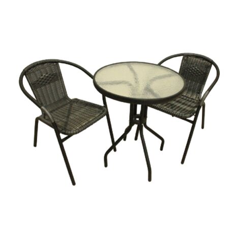 Salon de jardin poly rotin noir – Ensemble avec table ronde 60 cm et 2 chaises avec accoudoirs – Verre trempé pour durabilité - 60x70h