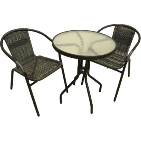 Salon de jardin poly rotin noir – Ensemble avec table ronde 60 cm et 2 chaises avec accoudoirs – Verre trempé pour durabilité - 60x70h