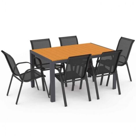 Salon de jardin POLY table 150 CM et 6 chaises empilables bois et gris anthracite