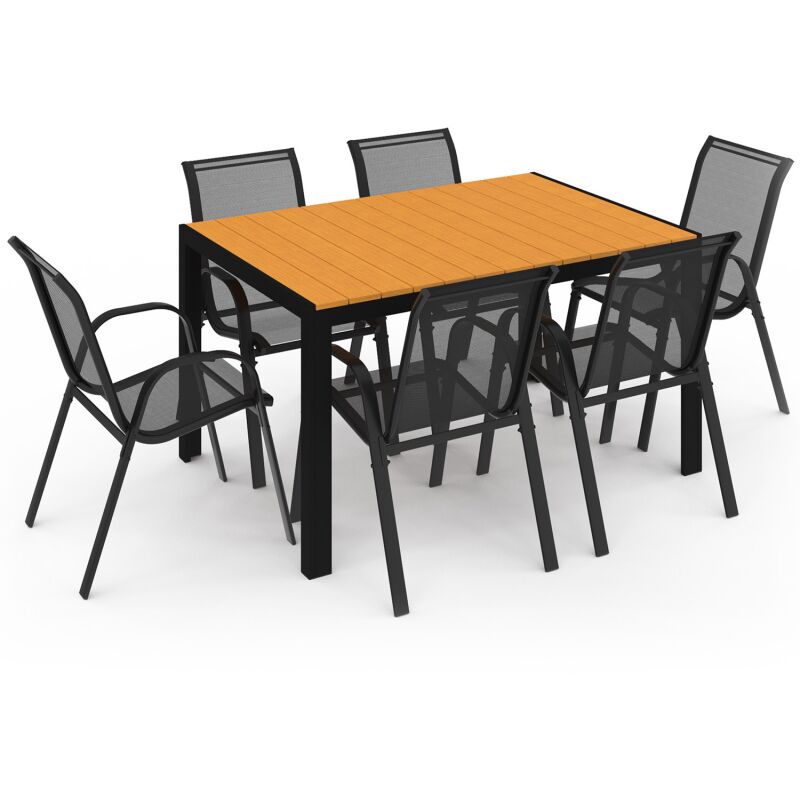 Idmarket - Salon de jardin poly table 150 cm et 6 chaises empilables bois et noir - Noir