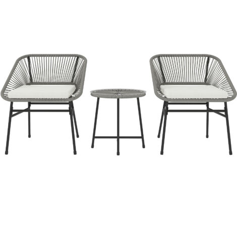Salon de jardin polycarbonate gris foncé 2 places, 3 éléments, chaises, table, coussins, résistant aux intempéries