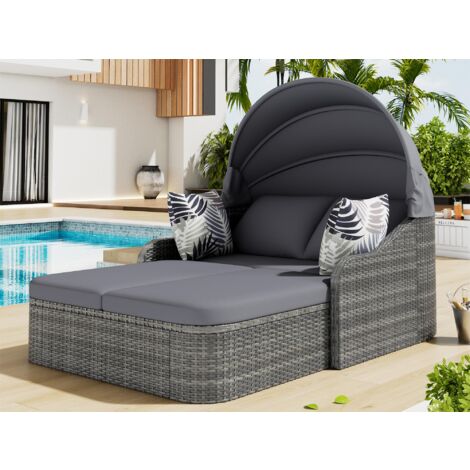 Salon de jardin pour 2 personnes - Canapé lounge en rotin PE avec 4 oreillers et auvent réglable - Gris