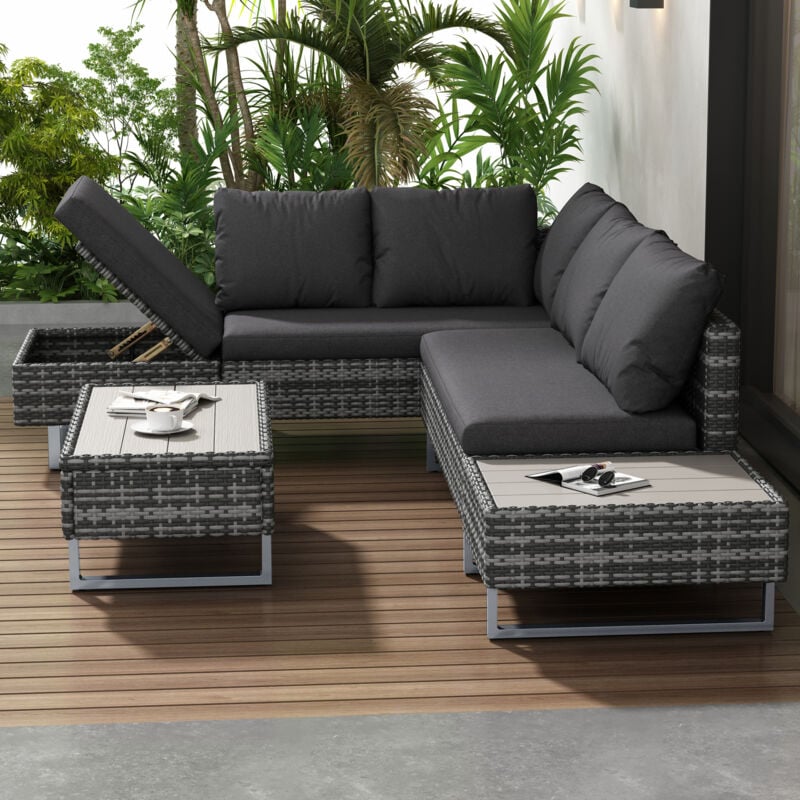 Salon de Jardin pour 4-5 Places - Canapé d'angle+Table & Coussins - Canapé Lounge en Poly Rotin avec Espace de Rangement,Gris