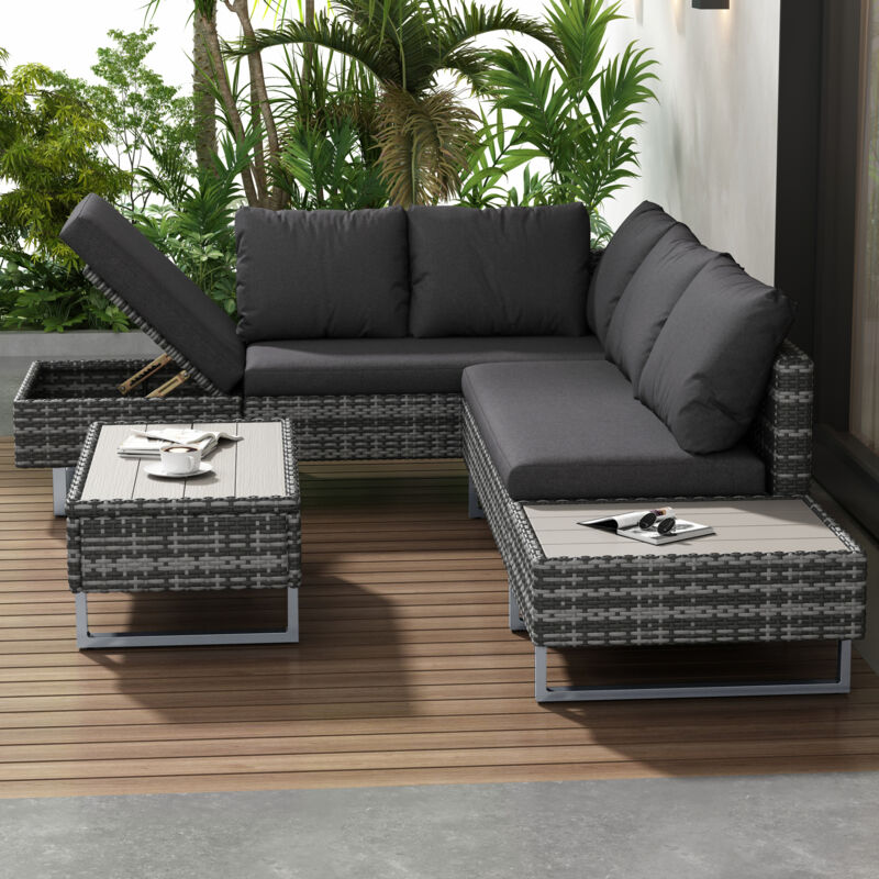 Salon de Jardin pour 4-5 Places - Canapé d'angle+Table & Coussins - Canapé Lounge en Poly Rotin avec Espace de Rangement,Gris