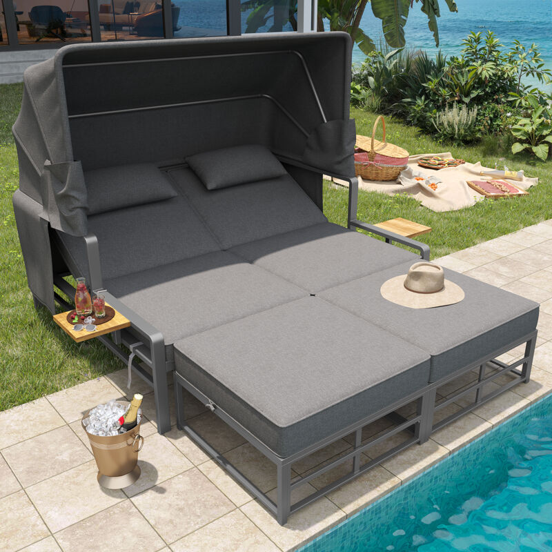 Salon de jardin pour 4 personnes avec Auvent réglable et Tables latérales,Tissu imperméable et Dossiers réglables,Pour Piscine/Jardin,Gris