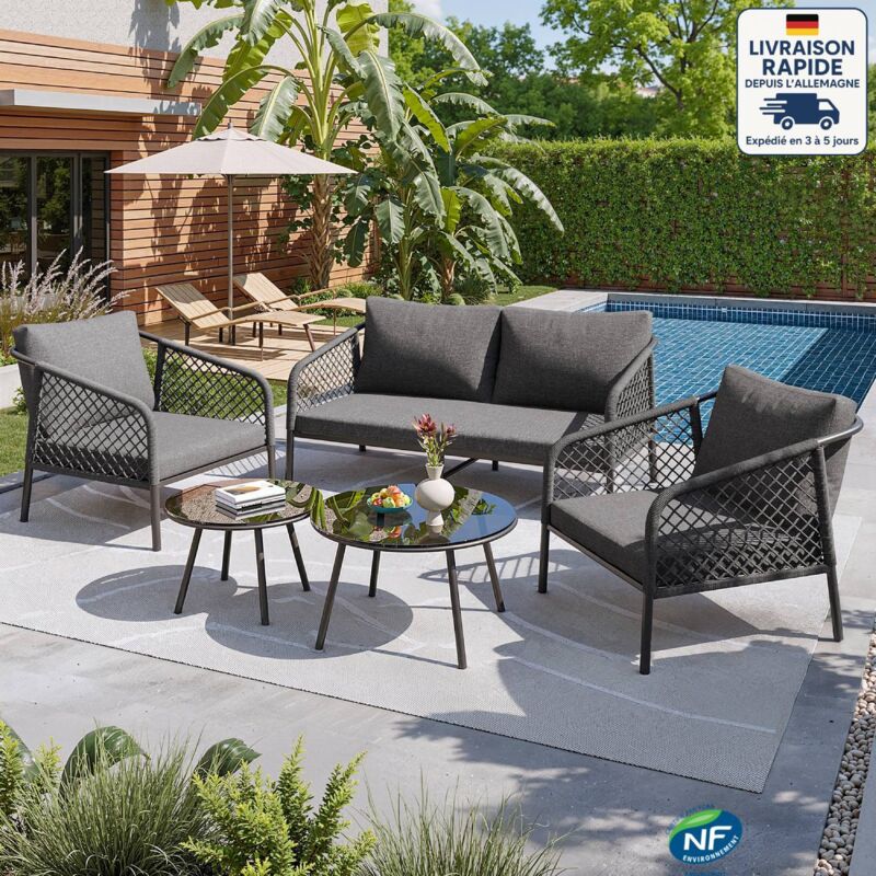 Salon de jardin pour 4 personnes - Structure en métal - Coussins confortables inclus - Pour extérieur/balcon - Canapé + 2 fauteuils + Tables basses