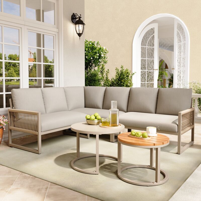 Salon de jardin pour 6-7 personnes,Canapé d’angle avec cadre en fer