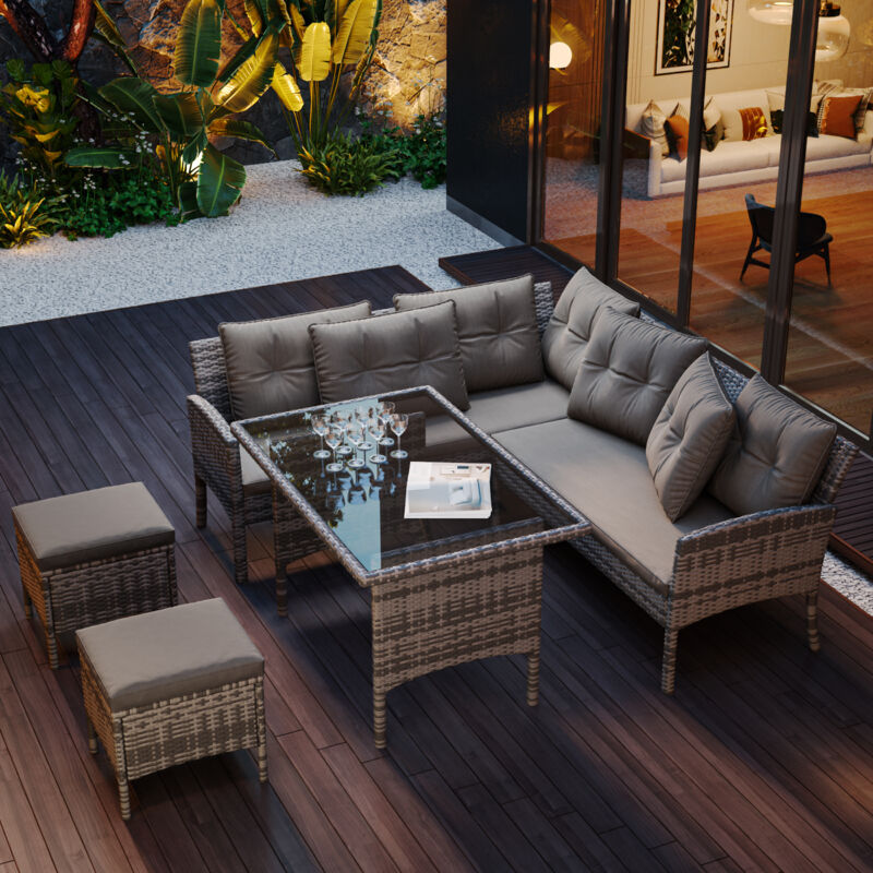 Keepbuying - Salon de Jardin pour 7 Places,Table à manger Meubles de Jardin en Poly Rotin,Canapé + Table + Tabouret + Coussins - Gris