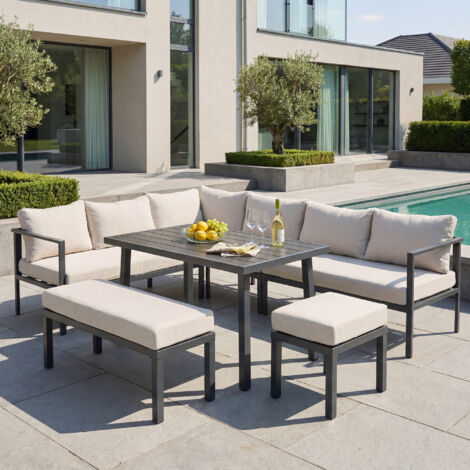 Salon de jardin repas 9 personnes avec table, bancs, chaises et canapé d’angle, acier galvanisé, beige