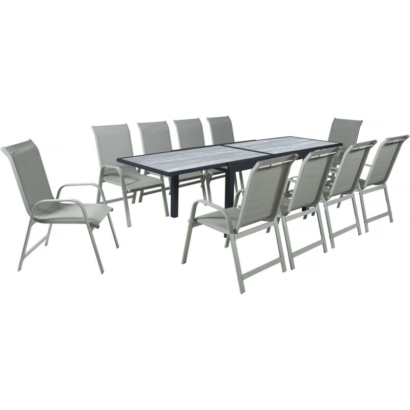 Salon de jardin repas en aluminium extensible 'Lagos' - 140/280 x 90 x 76 cm - 10 places - Gris clair