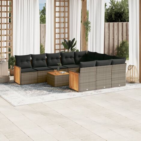 Salon de jardin résine tressée 11 pièces avec 10 coussins gris, 6 sièges centraux, 2 sièges d'angle, 2 canapés avec accoudoirs et 1 table en bois d'acacia