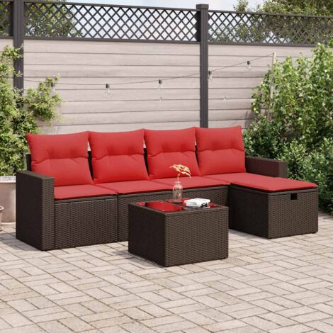 Salon de Jardin Résine Tressée 6 Pièces Marron avec 2 Canapés, 2 Sièges, Table, Pouf et Coussins Rouges - Housse Amovible, Stockage Intégré