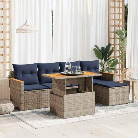 Salon de Jardin Résine Tressée 6 Places Gris avec Coussins Bleu Marine, Table Réglable et Fonction de Rangement