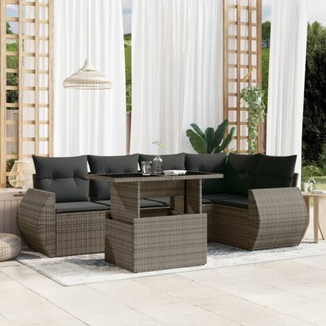 Salon de Jardin Résine Tressée 6pcs Gris  Canapés avec Coussins, Table Rétractable et Design Modulaire pour Extérieur