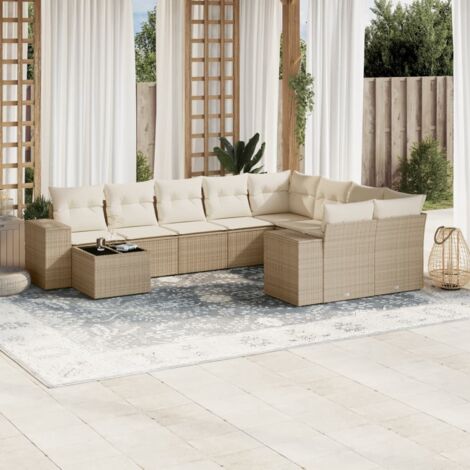 Salon de Jardin Résine Tressée Beige 10 Places avec Coussins - Ensemble Modulaire avec Table en Verre Trempé et Fonction Rangement