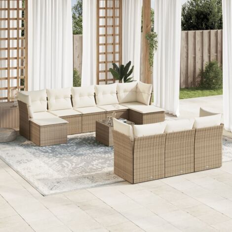 Salon de Jardin Résine Tressée Beige avec 10 Coussins Gris Clair - Ensemble Modulaire 8 Pièces + 2 Tabourets - Résistant aux UV et aux Intempéries