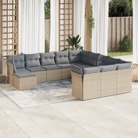 Salon de Jardin Résine Tressée Beige - Canapé Modulaire 12pcs avec 4 Coins, 7 Centraux, 1 Pouf et Coussins Lavables