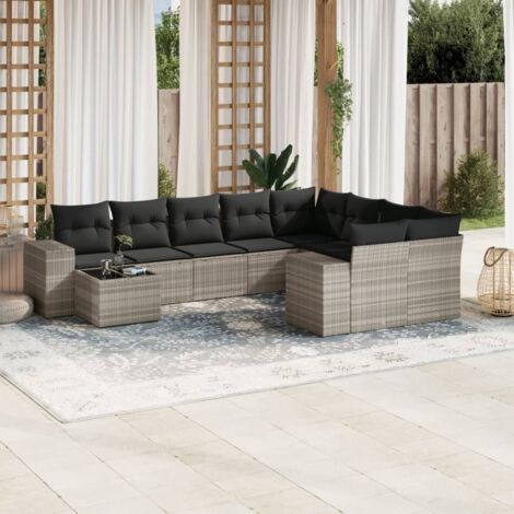 Salon de Jardin Résine Tressée Grège 10 Places avec 10 Coussins Gris Foncé et Table Verre Trémpé, Stockage Inclus