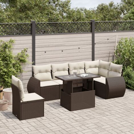 Salon de jardin résine tressée marron 7 places avec table réglable et coussins lavables