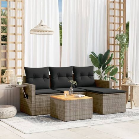 Salon de Jardin Résine Tressée Modulaire, 5 Pièces avec Table et Coussins Gris - Canapés d'Extérieur Confortables