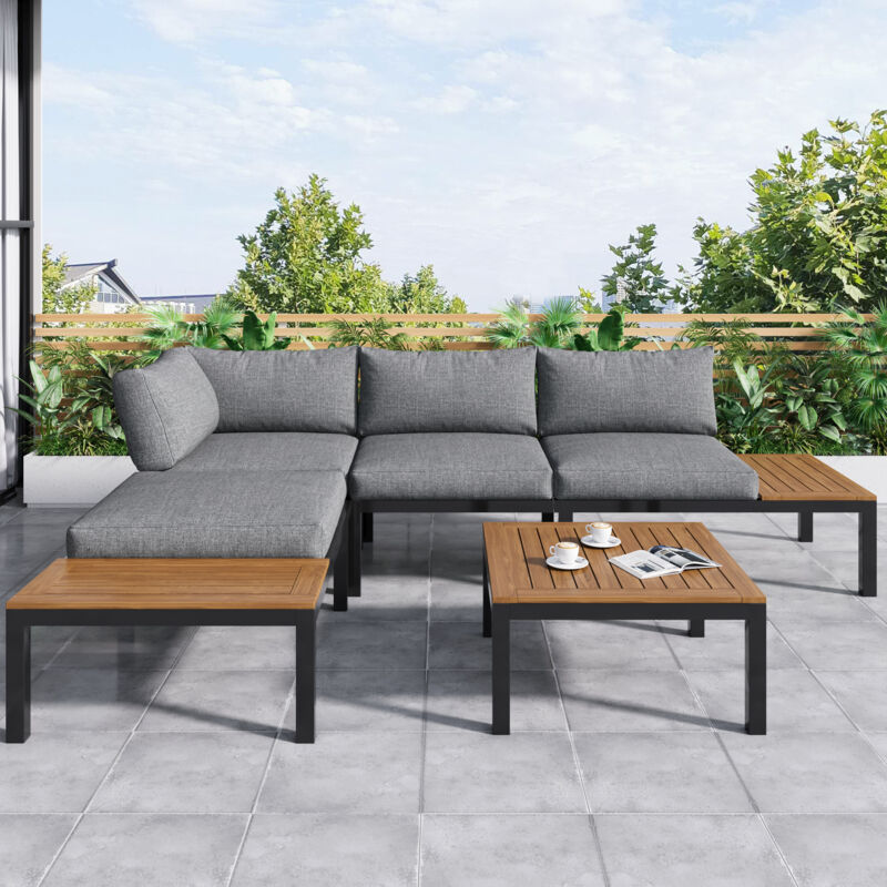 Lot de 5 salon de jardin gris avec plateau de table en bois d'acacia et housse en tissu (canapé 2 places x 2,table d'appoint x 2, tablex1 )
