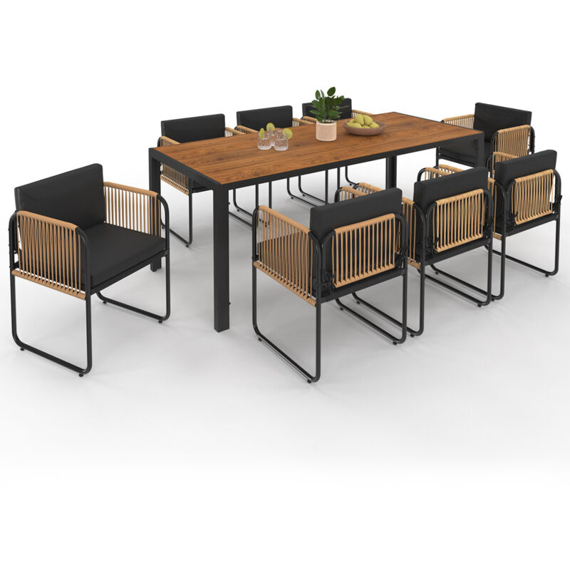 Salon de jardin RIO table 190 CM et 8 chaises structure métal noir, cordage effet rotin clair et coussins noirs Salon de jardin RIO table 190 CM et 8 chaises structure métal noir, cordage effet rotin clair et coussins noirs