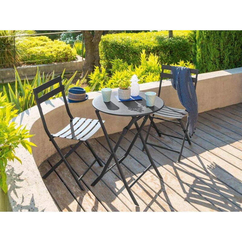 Salon de jardin rond en métal Greensboro ø 60 cm Graphite avec 2 chaises - Hespéride