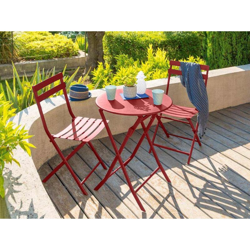 Hesperide – Salon de jardin rond en métal 60 cm – 2 chaises pliantes – Acier traité époxy résistant aux intempéries – Rouge pour petits espaces